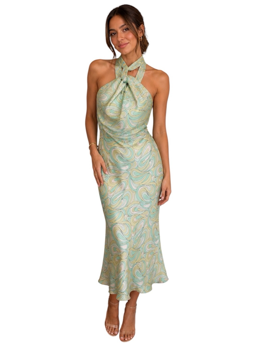 Michael Kors Vintage 90’s One-Shoulder Swirl Halter Midi Dress in Sage